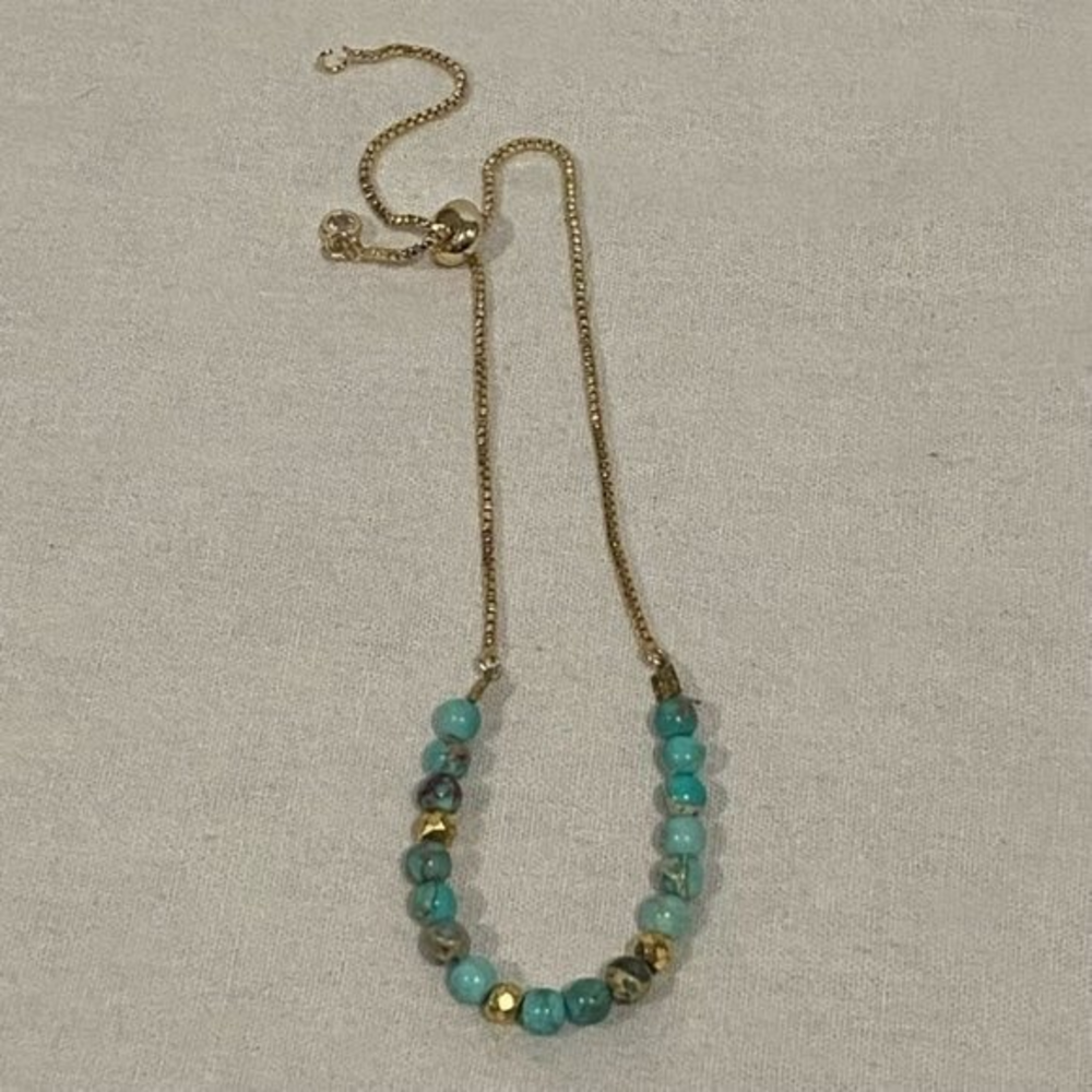 Faux Turquoise Bead Gold Tone Chain Adjustable Pull‎ Bracelet